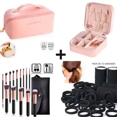 GENERICO - Pack Joyero Rosa + Neceser Rosa + Brochas 15pz + 10 Colets