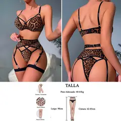 GENERICO - Conjunto de lencería de Leopardo para mujer con liguero de 3 piezas