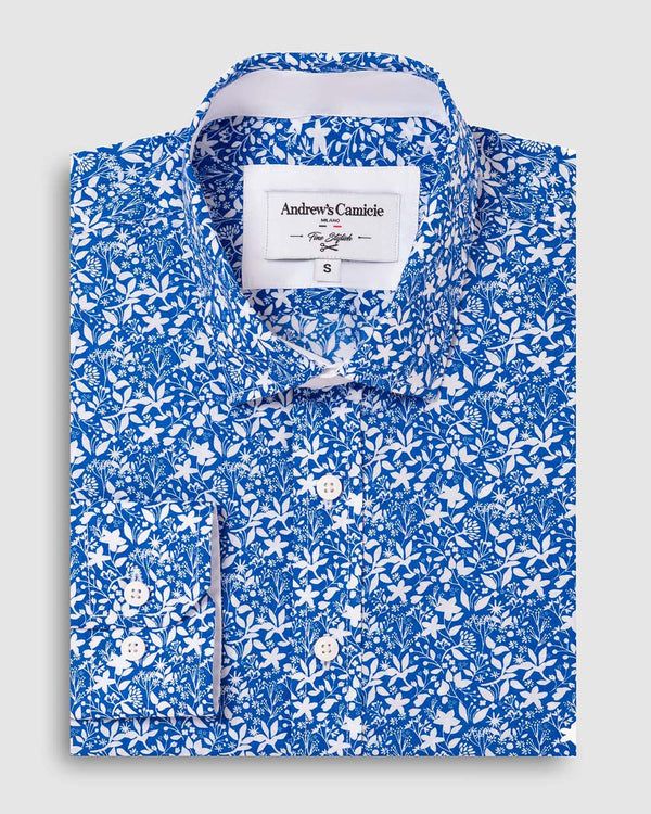 Camisa Casual - Cuello Italiano puño simple 2 botones regulables azul