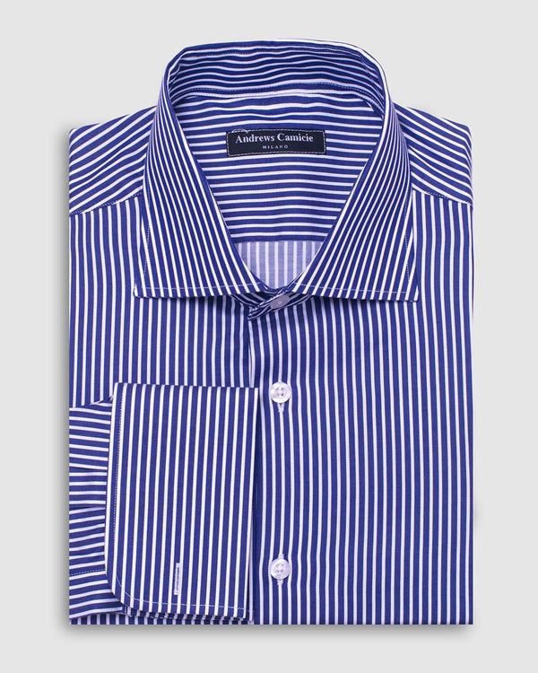 Camisa Vestir dobby - Cuello Italiano puño gemelo regular azul