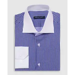 ANDREW'S TIES - Camisa Vestir dobby satín - Cuello Italiano puño simple regular azul