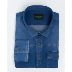 ANDREW'S TIES - Camisa Casual denim - Cuello Italiano puño simple 2 botones slim azul