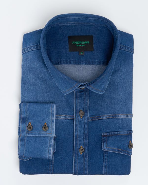 Camisa Casual denim - Cuello Italiano puño simple 2 botones slim azul