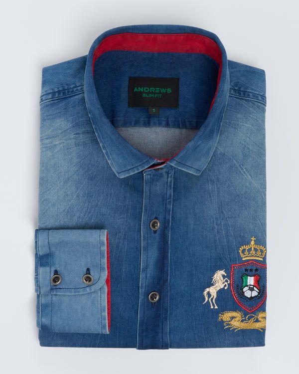 Camisa Casual denim - Cuello Italiano puño simple 2 botones slim azul