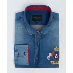 ANDREW'S TIES - Camisa Casual denim - Cuello Italiano puño simple 2 botones slim azul