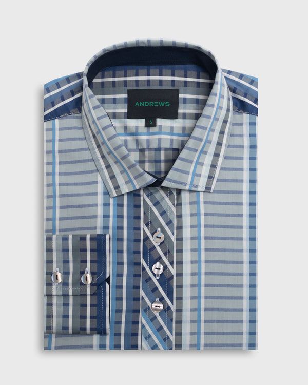 Camisa Casual - Cuello Italiano puño simple 2 botones azul