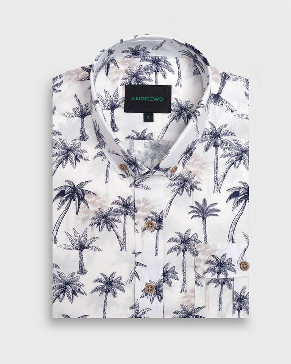 Camisa Manga Corta Blanca con Estampado de Palmeras