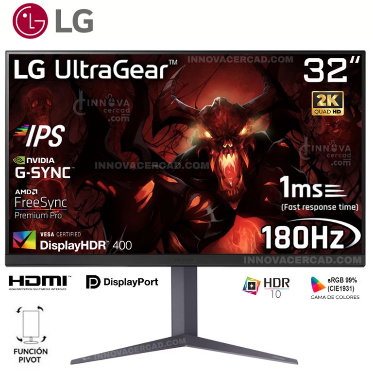 Monitor Gaming 32 UltraGear, IPS, QHD, 180Hz, 1ms, G-Sync