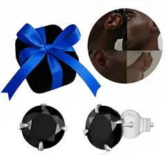 GENERICO - Aretes Hombre Punto De Luz Zircón Negro Plata 950 - 7mm