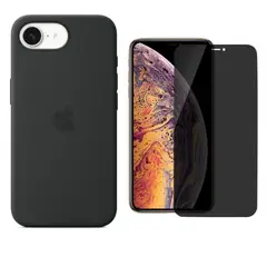 CASE - SILICONA PARA IPHONE 16E +MICA ANTIESPIA VIDRIO 360- NEGRO