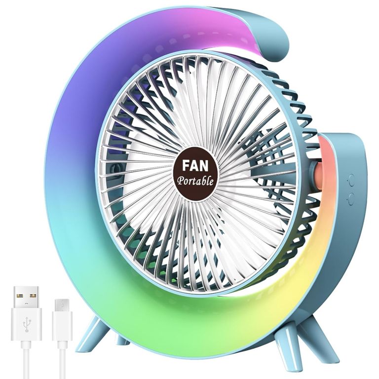Ventilador Portátil De Escritorio Con Luces Led Recargable Celeste