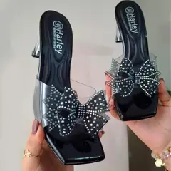 GENERICO - Sandalia mujer taco 7 lacito acrilico color negro