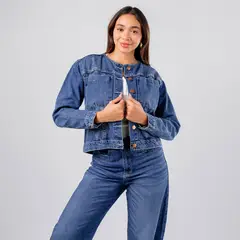 ROXJES JEANS - Casaca Clasica Algodon Denim Sin Cuello Mujer