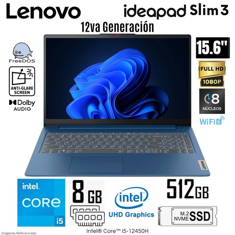 Laptop Ideapad Slim 3 Intel Core i5-12450H 8GB RAM 512GB SSD 15.6" FHD Free Dos - 83ER001CLM
