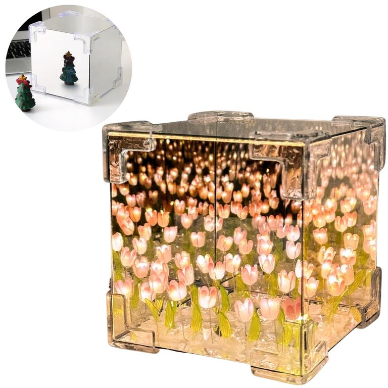 Lámpara Led Cubo De Tulipanes Decorativa De Fondo Infinito Rosado