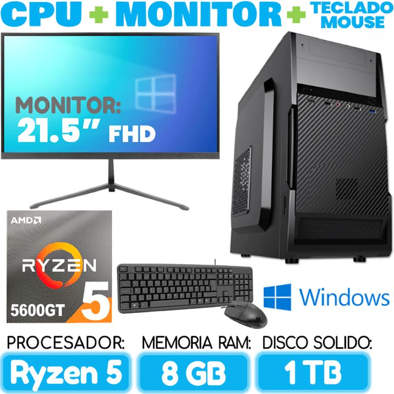 Computadora PC RYZEN 5 5600GT RAM 8Gb SSD 1TB Cpu Monitor Teclado mouse