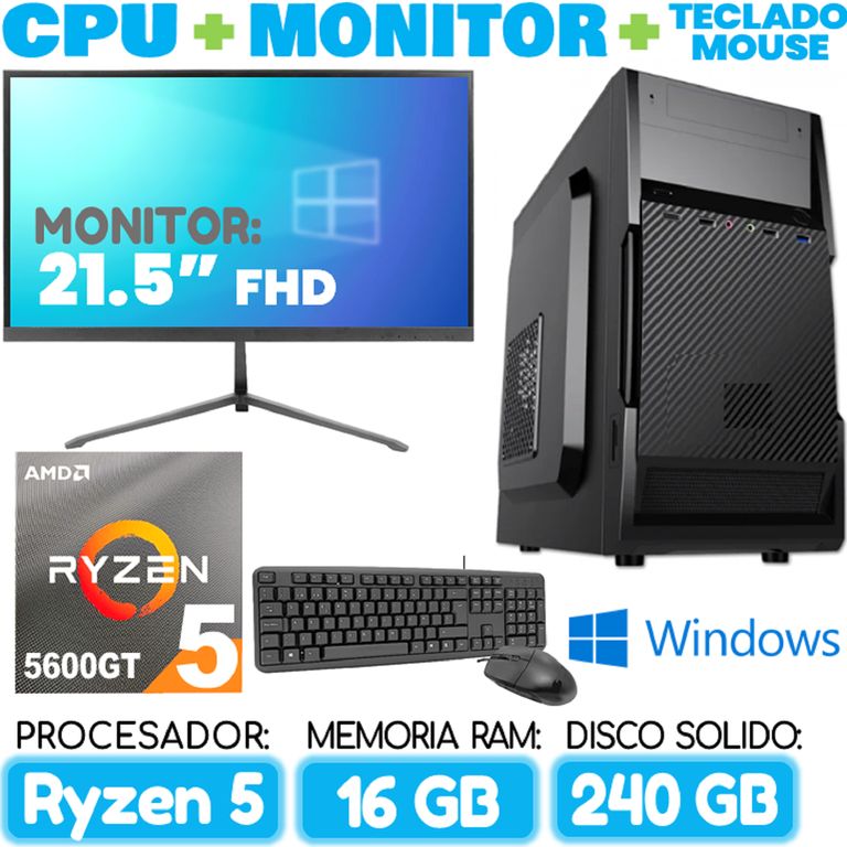 Computadora PC RYZEN 5 5600GT RAM 16Gb SSD 240Gb Cpu Monitor Teclado mouse