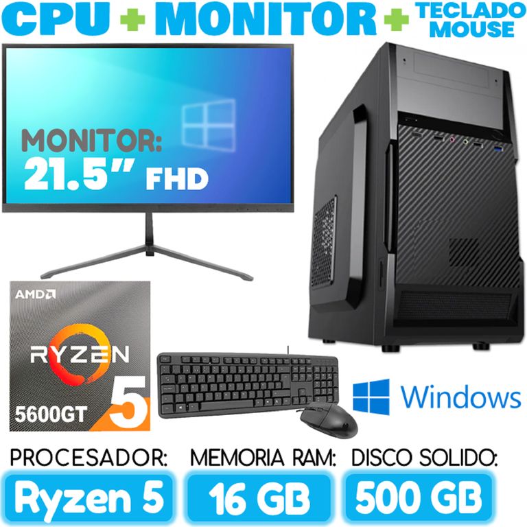 Computadora PC RYZEN 5 5600GT RAM 16Gb SSD 500Gb Cpu Monitor Teclado mouse