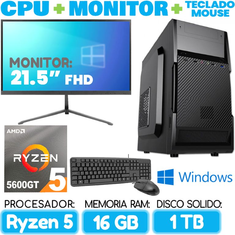 Computadora PC RYZEN 5 5600GT RAM 16Gb SSD 1TB Cpu Monitor Teclado mouse