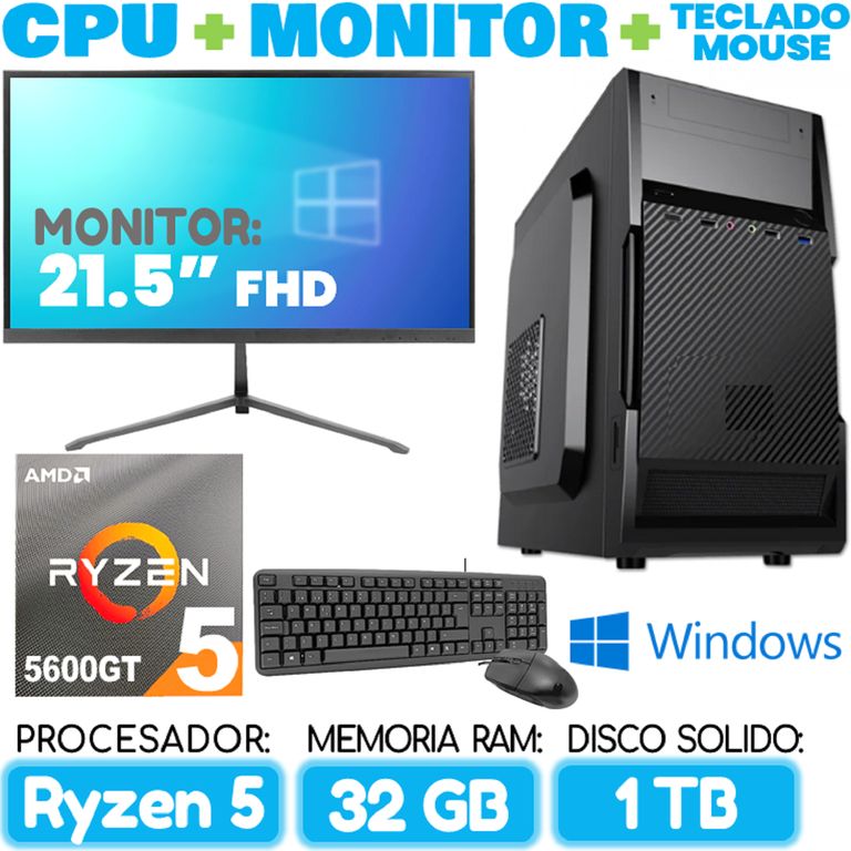 Computadora PC RYZEN 5 5600GT RAM 32Gb SSD 1TB Cpu Monitor Teclado mouse