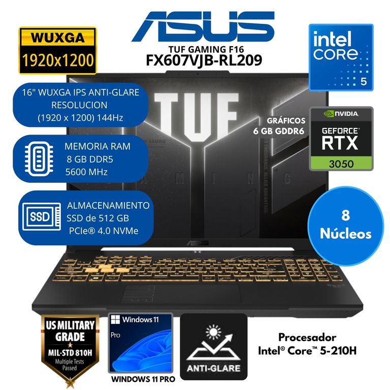 Laptop TUF F16 Intel Core 5 (FX607VJB-RL209) RAM 8 GB SSD 512 GB 16"WUXGA Windows 11 PRO