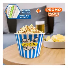 RYBIU IMPORT - Pack6 Balde Vaso Popcorn en Azul Y+Papel de Regalo