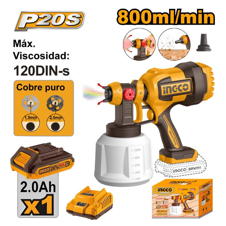 PISTOLA PARA PINTAR INGCO 20V 800MLMIN 120DIN-S + BATERÍA CSGLI20042