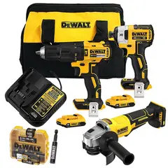 DEWALT - Taladro Perc 1/2" + Atorn de Impacto 1/4" 20V Brushless + Amoladora 4 1/2" + Set de Puntas 16 Pzs De