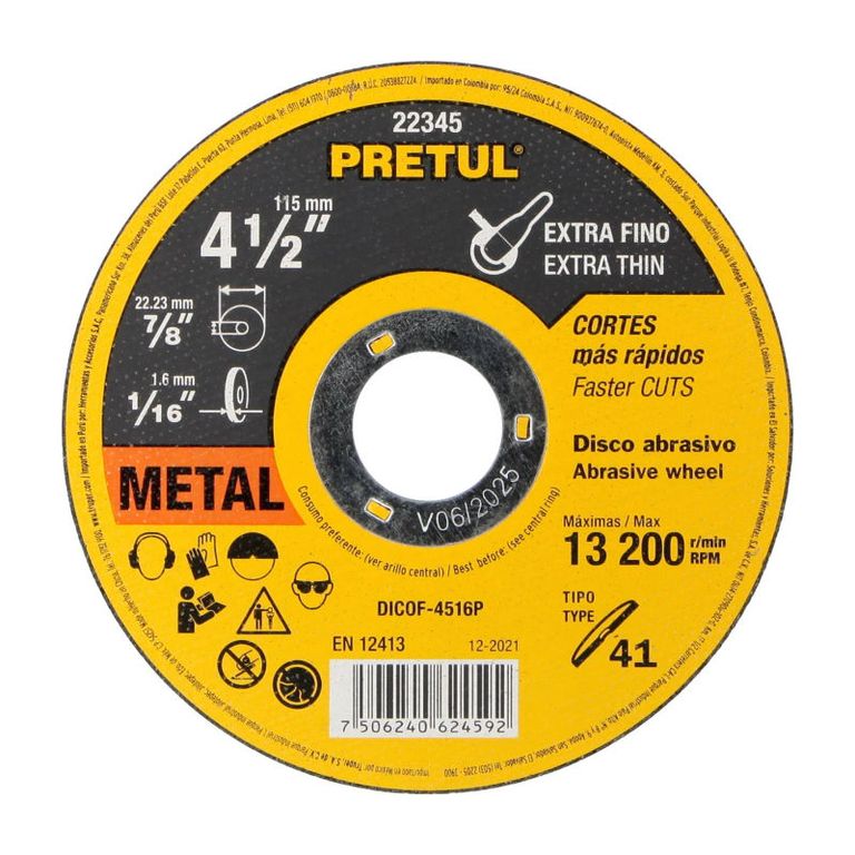 Disco Tipo 41 de 4-12 x 16 mm corte fino de metal - 22345