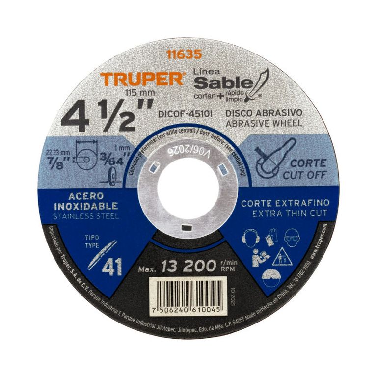Disco Tipo 41 de 4-12 x 1 mm corte fino acero inox Sable - 11635