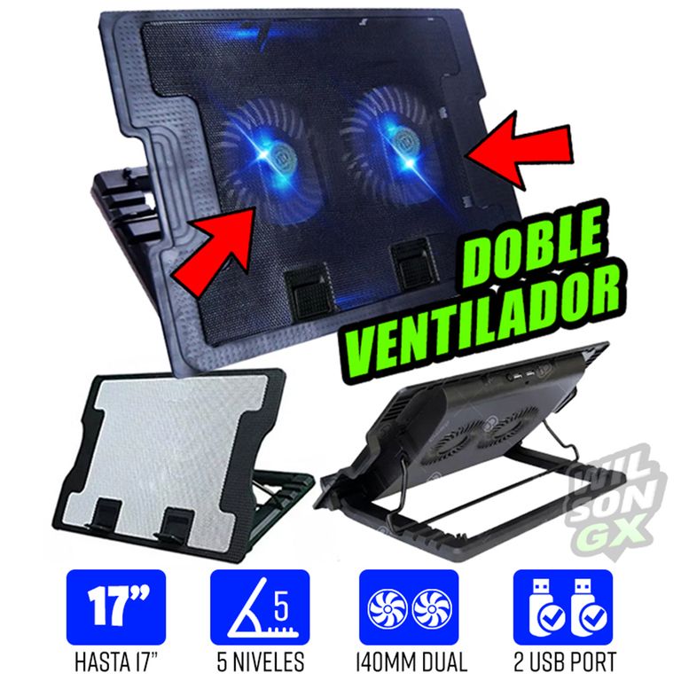 Cooler para Notebook 14 a 17 doble ventilador 2 usb reclinable led laptop