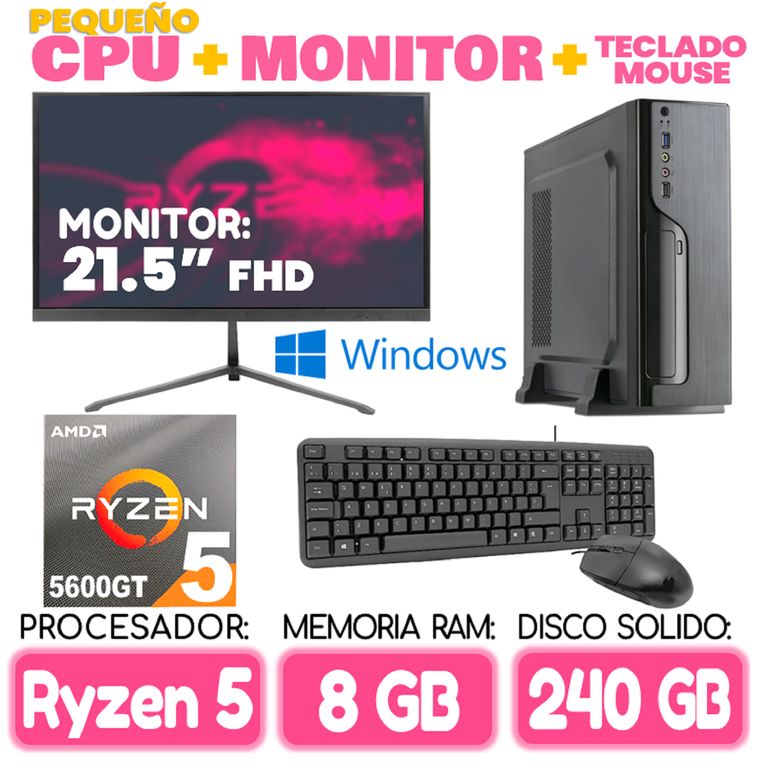 Computadora MINI PC RYZEN 5 5600GT RAM 8Gb SSD 240Gb pequeño Cpu Monitor Teclad