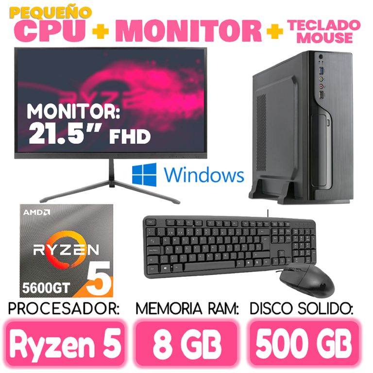Computadora MINI PC RYZEN 5 5600GT RAM 8Gb SSD 500Gb pequeño Cpu Monitor Teclado mouse
