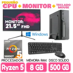 AMD - Computadora MINI PC RYZEN 5 5600GT RAM 8Gb SSD 500Gb pequeño Cpu Monitor Teclado mouse