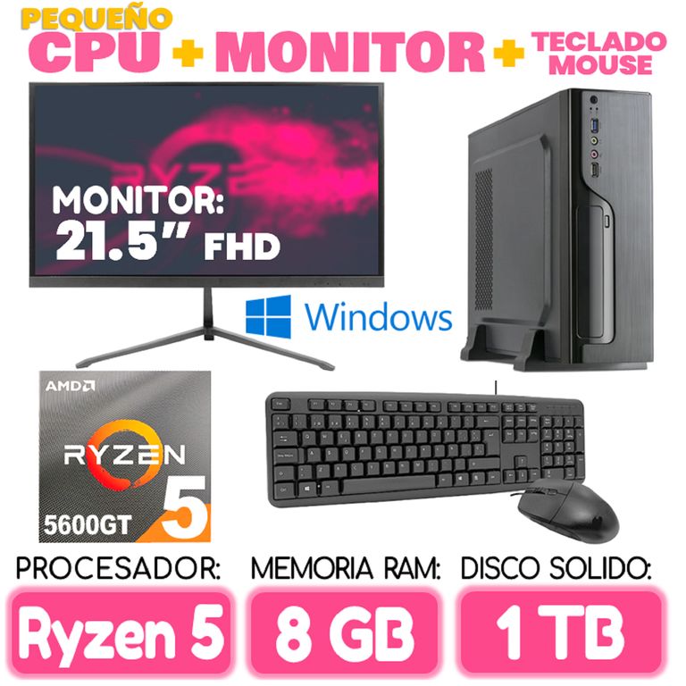 Computadora MINI PC RYZEN 5 5600GT RAM 8Gb SSD 1TB pequeño Cpu Monitor Teclado mouse