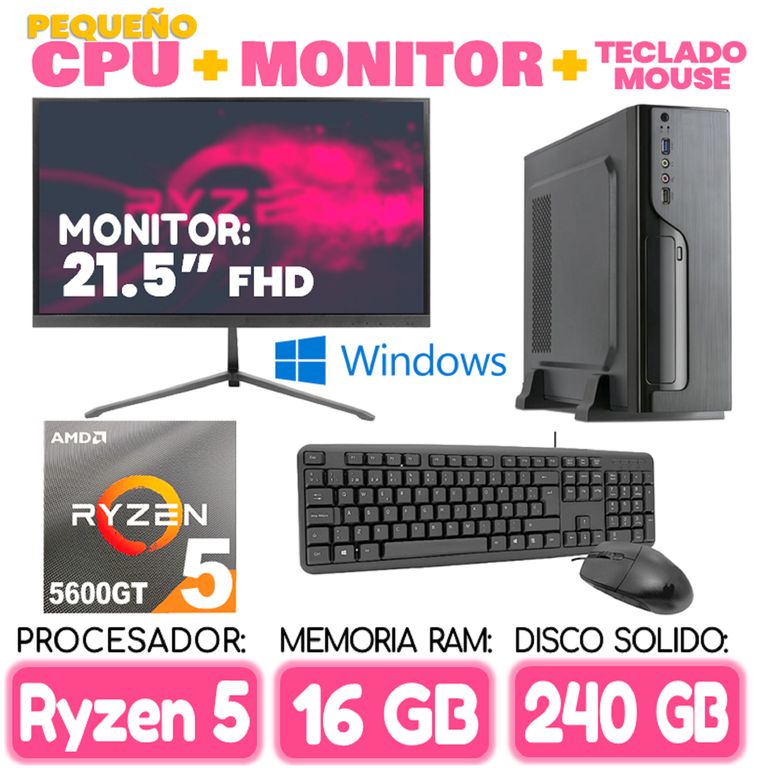 Computadora MINI PC RYZEN 5 5600GT RAM 16Gb SSD 240Gb pequeño Cpu Monitor Teclado mouse