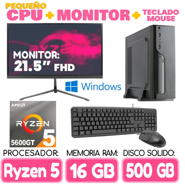 Computadora MINI PC RYZEN 5 5600GT RAM 16Gb SSD 500Gb pequeño Cpu Monitor Teclado mouse