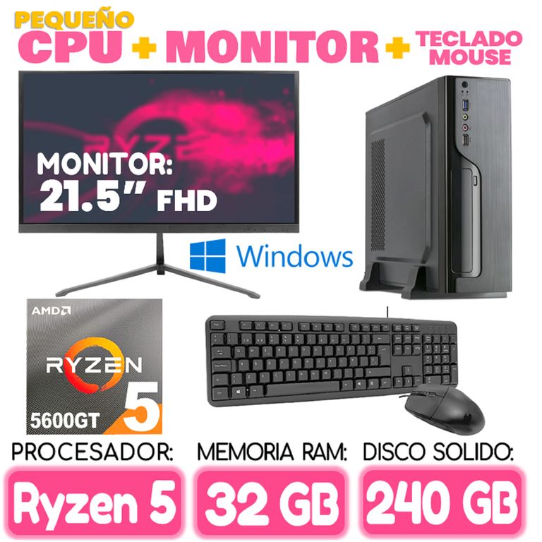 Computadora MINI PC RYZEN 5 5600GT RAM 32Gb SSD 240Gb pequeño Cpu Monitor Tecla
