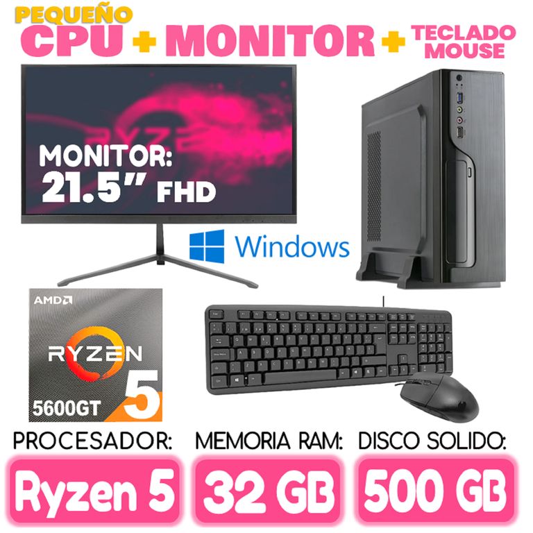 Computadora MINI PC RYZEN 5 5600GT RAM 32Gb SSD 500Gb pequeño Cpu Monitor Teclad