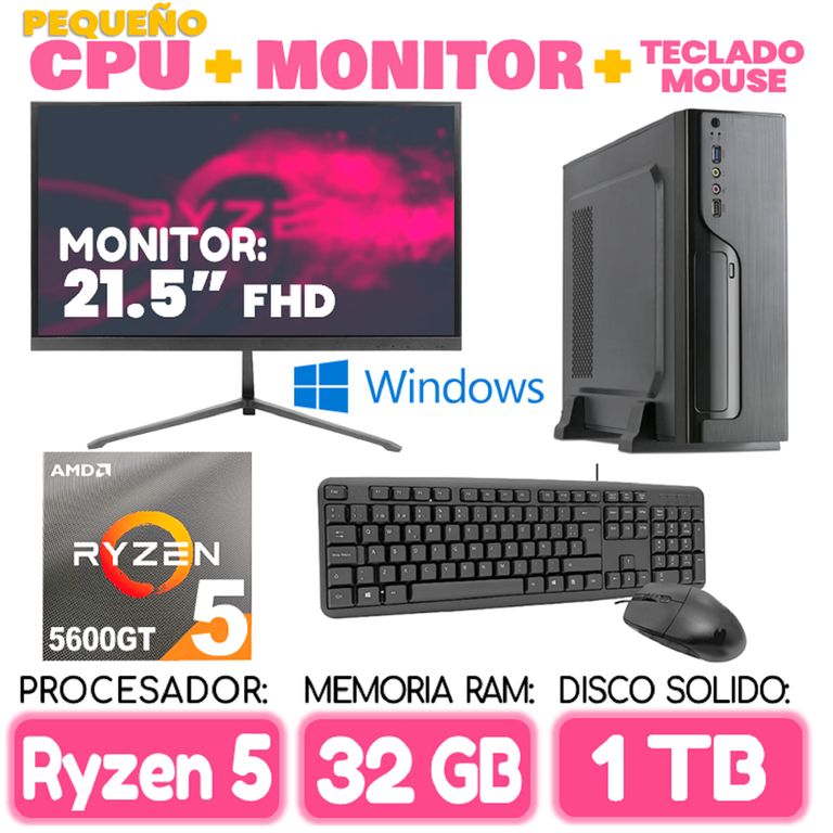 Computadora MINI PC RYZEN 5 5600GT RAM 32Gb SSD 1Tb pequeño Cpu Monitor Teclad