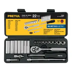 PRETUL - Juego de dados 22 herramientas 1/4" mm para mecánico,