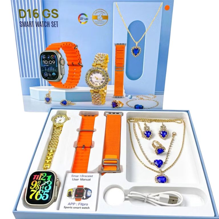 Smart Watch D16 GS (2024) con accesorios Naranja, 7 en 1 para mujer