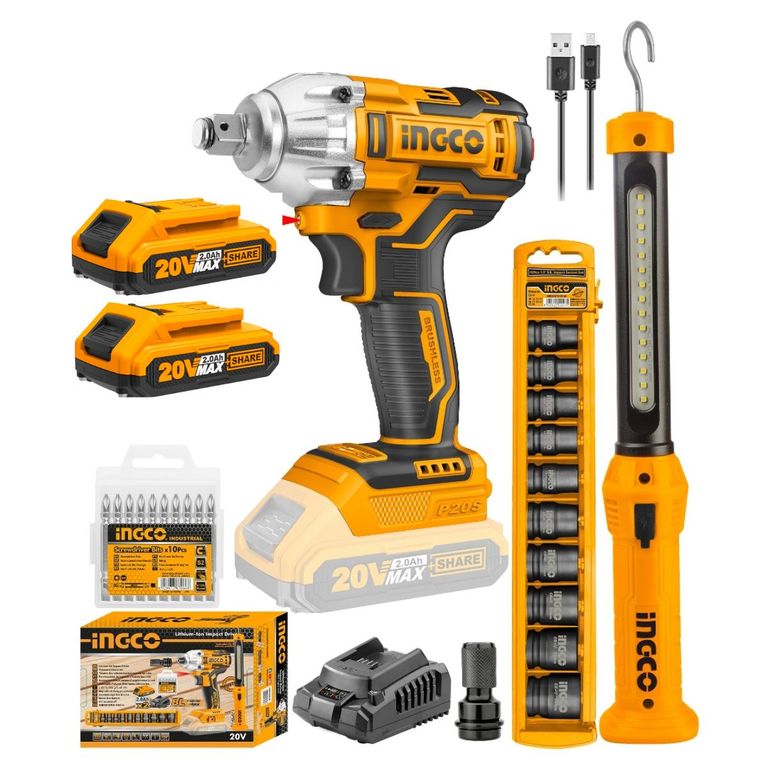 Llave De Impacto Ingco 20v + Linterna Ingco + Accesorios