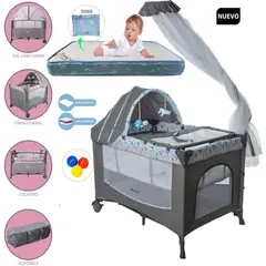 EBABY - Cuna Corral Dacora Azul y Colchón Gris con Pelotas