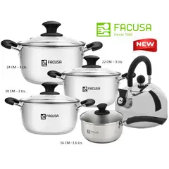 FACUSA - Juego de ollas 9 Piezas Acero Inoxidable con tapa de vidrio