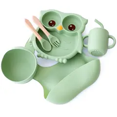 GENERICO - Set de Alimentación Babero de Silicona Búho Verde