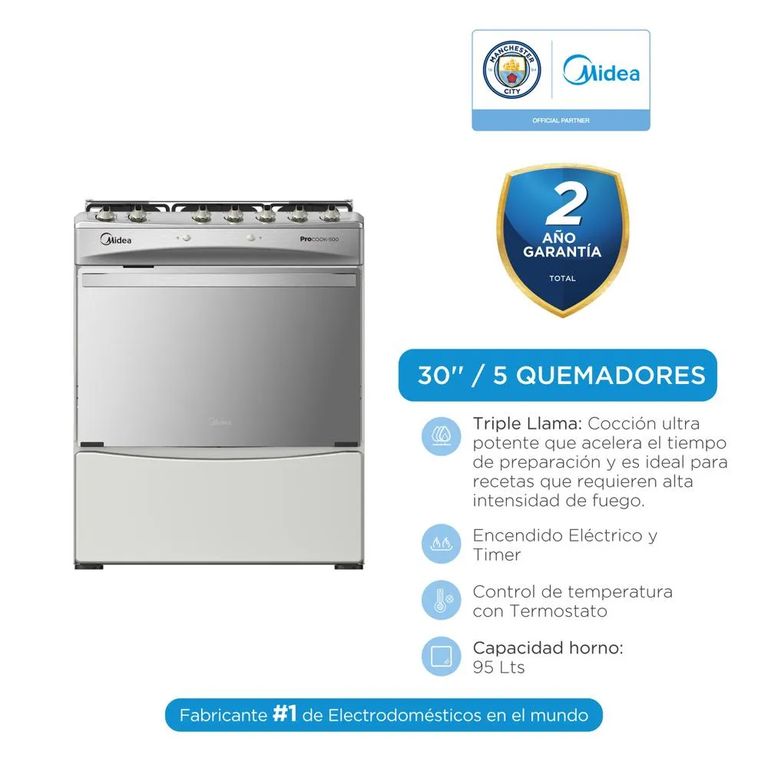 Cocina a Gas Procook 30’’ 5 Quemadores Acero Inox MGS30FS2LBBMSS-PE
