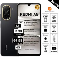 REDMI - Celular Xiaomi A5 4G 64GB 3GB RAM cámara principal 32MP frontal 8MP 6,8 Negro