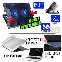 GENERICO - Kit cooler doble led p laptop 15.6 + skin protector pantalla teclado