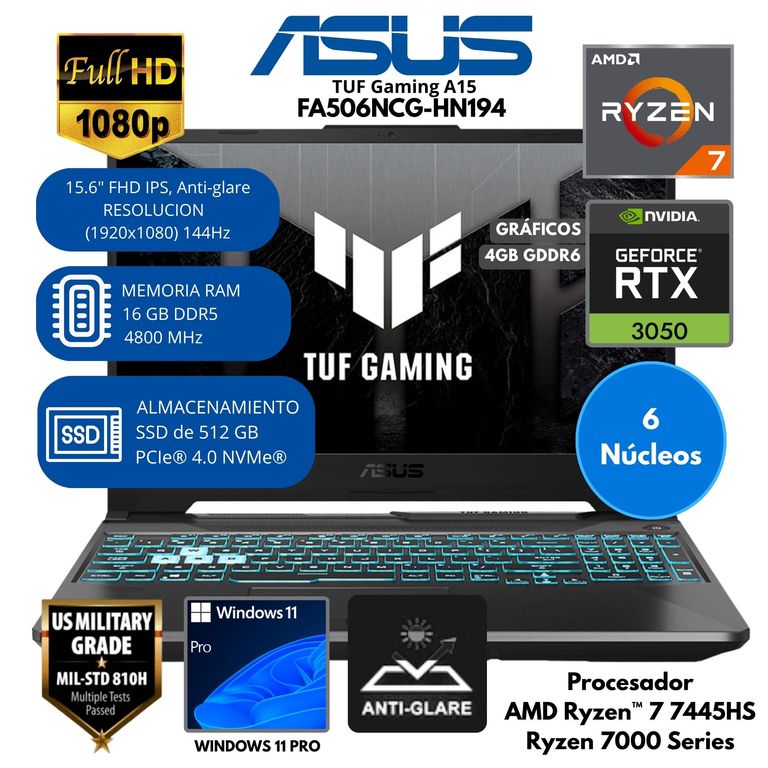 Laptop Gamer TUF FA506NCG-HN194 15.6″ AMD Ryzen 7-7445HS 16GB SSD512GB RTX3050 4GB Windows 11